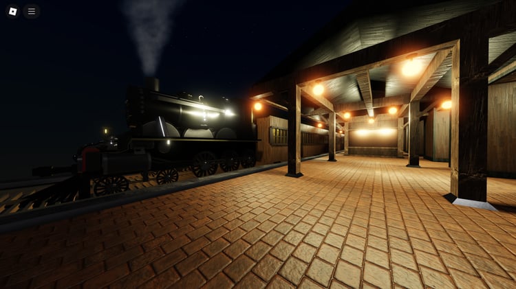 Wide shot of Demon Slayer Roblox map with train station
