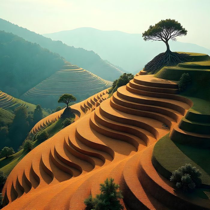 A breathtaking landscape of terraced hills with a solitary tree under soft morning light | Ai Generated