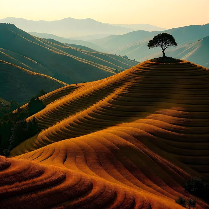 A serene landscape of terraced hills illuminated by sunset with a tree surrounded by mountains | Ai Generated