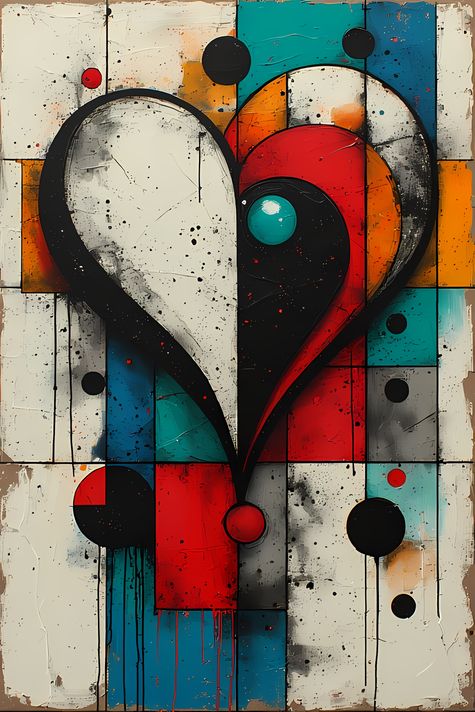 A bold #geometricart  #popart #graffiti artwork featuring a large central heart outlined in expressive black strokes. The design blends #abstractart  #expressionism , pop art, and #urban  graffiti #streetart  , with vibrant color blocking, textured detail