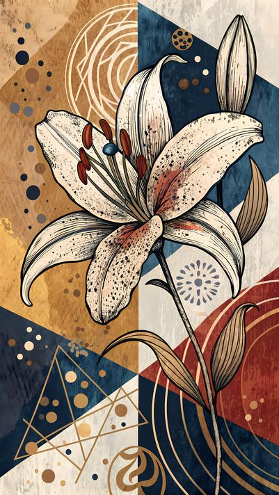 17 FREE Files - Tiger Lilies in Geometric Pop Graffiti Art Styles ♥    A bold geometric pop-graffiti artwork featuring a large central Tiger Lily outlined in expressive black strokes. The design blends abstract expressionism, pop art, and urban graffiti s