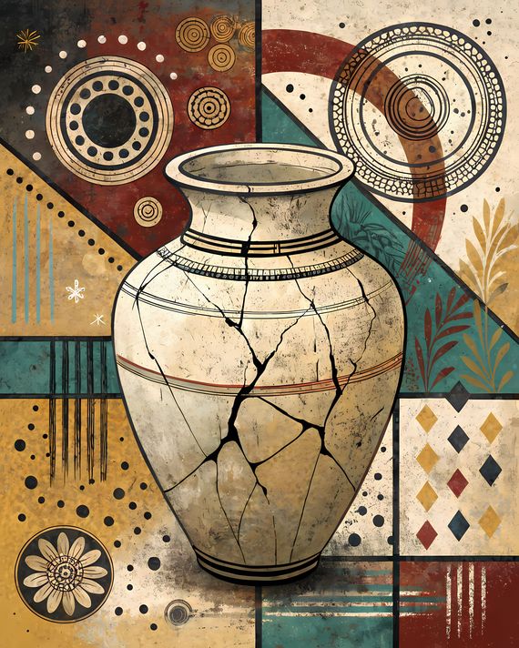 45 FREE Files - Empty Vase in Geometric Pop Graffiti Art Styles ♥    A bold geometric pop-graffiti artwork featuring a large central empty vase outlined in expressive black strokes. The design blends abstract expressionism, pop art, and urban graffiti str