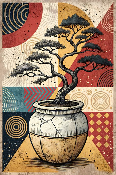 22 FREE Files - Bonsai in Geometric Pop Graffiti Art Styles ♥    A bold geometric pop-graffiti artwork featuring a large central bonsai outlined in expressive black strokes. The design blends abstract expressionism, pop art, and urban graffiti street art,