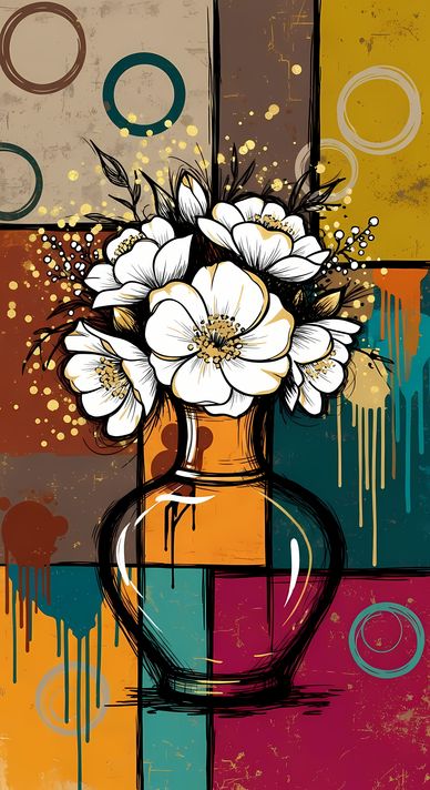 26 FREE Files - White flowers in Geometric Pop-Graffiti Art Styles ♥    A bold geometric pop-graffiti artwork featuring a large central heart outlined in expressive black strokes. The design blends abstract expressionism, pop art, and urban graffiti stree