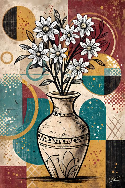 26 FREE Files - White flowers in Geometric Pop-Graffiti Art Styles ♥    A bold geometric pop-graffiti artwork featuring a large central heart outlined in expressive black strokes. The design blends abstract expressionism, pop art, and urban graffiti stree