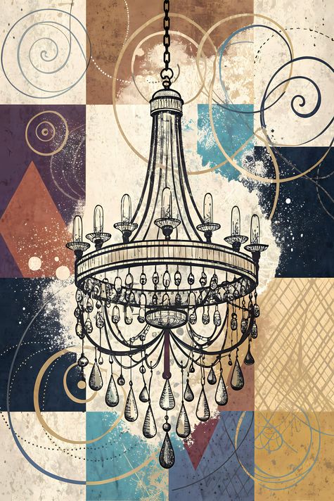 25 FREE Files - Chandelier in Geometric Pop Graffiti Art Styles ♥    A bold geometric pop-graffiti artwork featuring a large central chandelier outlined in expressive black strokes. The design blends abstract expressionism, pop art, and urban graffiti str