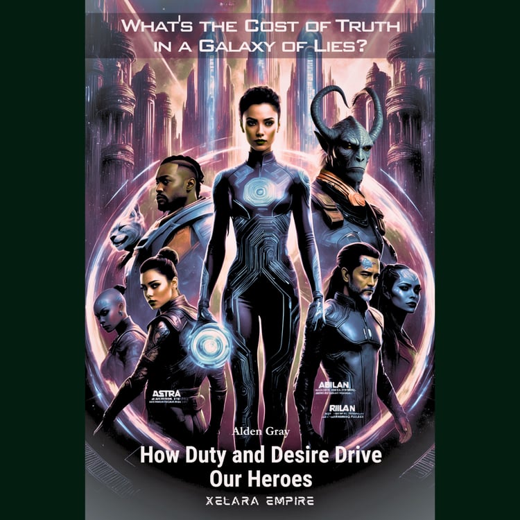 Futuristic heroes standing united in a sci-fi city, questioning truth and loyalty in a galaxy of lies