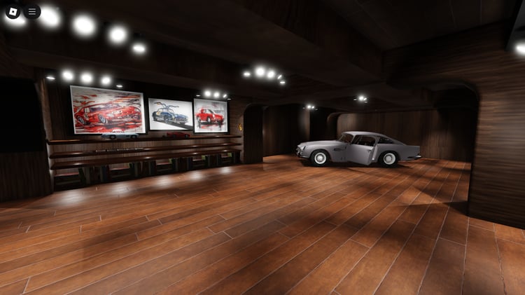 Wide view of the Show Case Cars Museum interior in Roblox