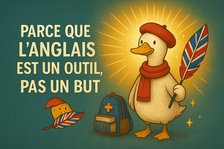Parlez, comprenez et soignez en anglais partout dans le monde (parce que l'anglais est un outil, pas un but en soi). Niveau 1 des trois niveaux de formation  ligne d'anglais medical : Jacques de Canard avec la plume UK. “Jacques de Canard – mascotte du co