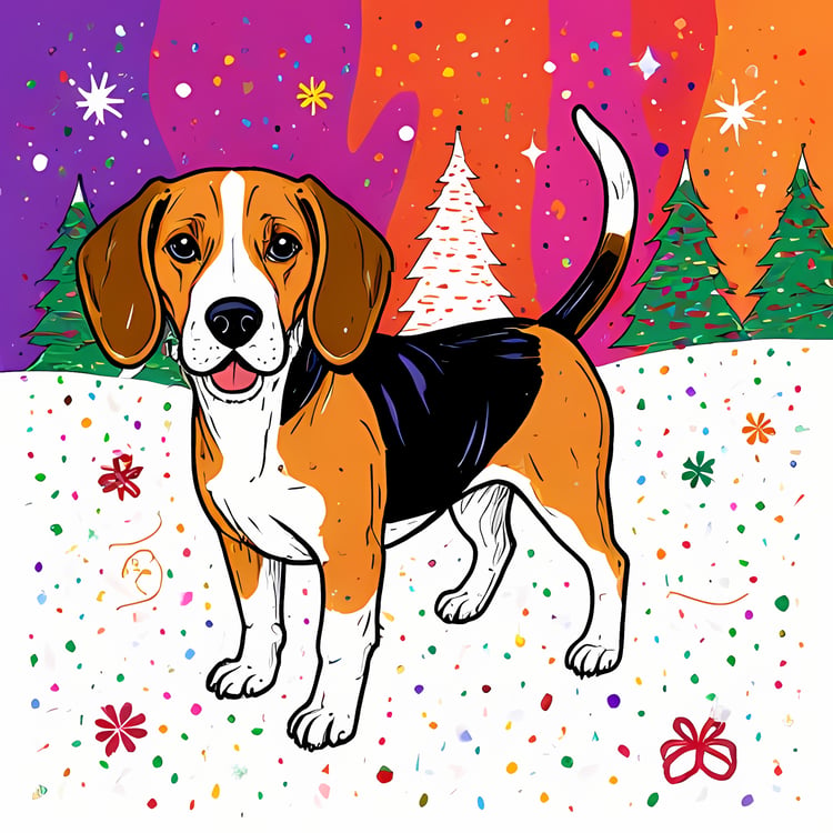 🐾25 Christmas Themed Beagle Dog Art | High-Resolution PNGs in Illustration, Painterly and Geometric Art Styles  📦 What’s Included:  25 Files in total High Resolution: 300 DPI for professional quality Image Sizes: From 3072 px to 4608 px 🎨 Perfect For:  Wa