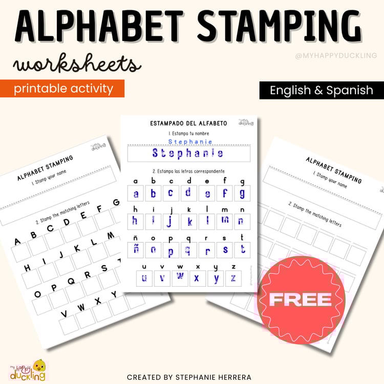 Alphabet stamping worksheet printable activity in English and Spanish