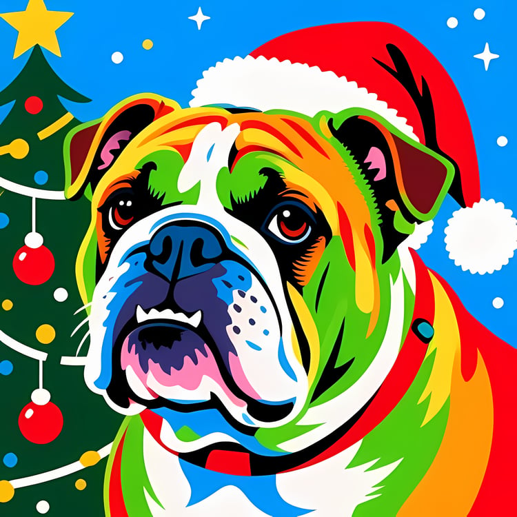 🐾20 Christmas Themed Bulldog Art | High-Resolution PNGs in Illustration, Painterly, Geometric and Pop Art Styles  📦 What’s Included:  20 Files in total High Resolution: 300 DPI for professional quality Image Sizes: From 3072 px to 4608 px 🎨 Perfect For: