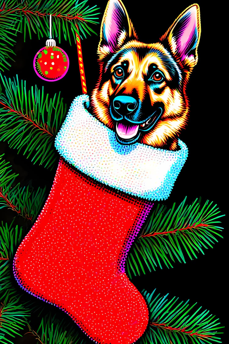 🐾22 Christmas Themed German Shepherd Art | High-Resolution PNGs in Illustration, Painterly, Pop Art, Geometric and Halftone Neon Punk Art Styles  📦 What’s Included:  22 Files in total High Resolution: 300 DPI for professional quality Image Sizes: From 307