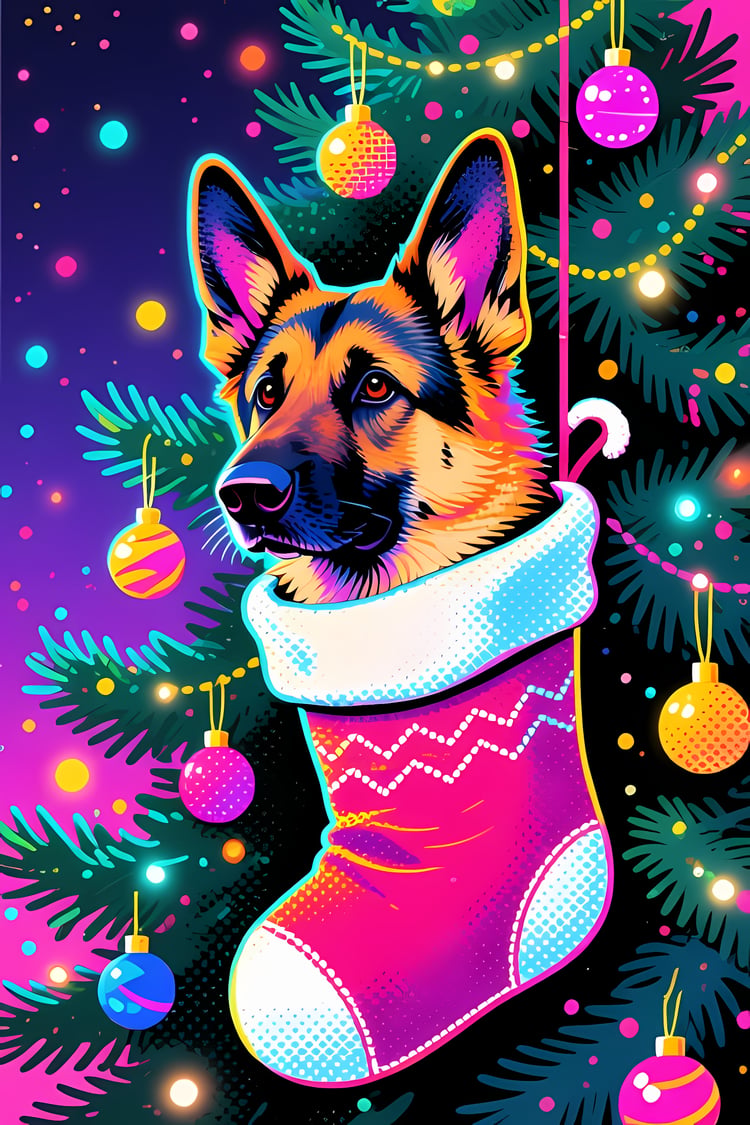 🐾22 Christmas Themed German Shepherd Art | High-Resolution PNGs in Illustration, Painterly, Pop Art, Geometric and Halftone Neon Punk Art Styles  📦 What’s Included:  22 Files in total High Resolution: 300 DPI for professional quality Image Sizes: From 307