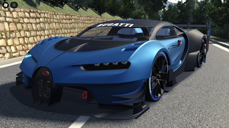 Front view of Bugatti Vision GT in Roblox with futuristic styling
