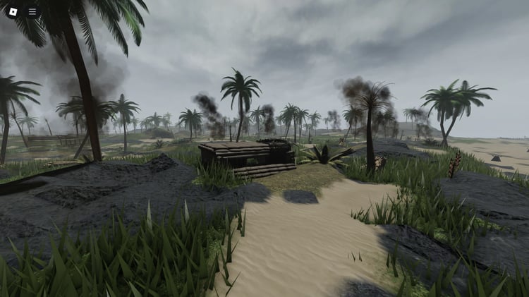 Wide overhead shot of Peleliu 1944 Roblox map