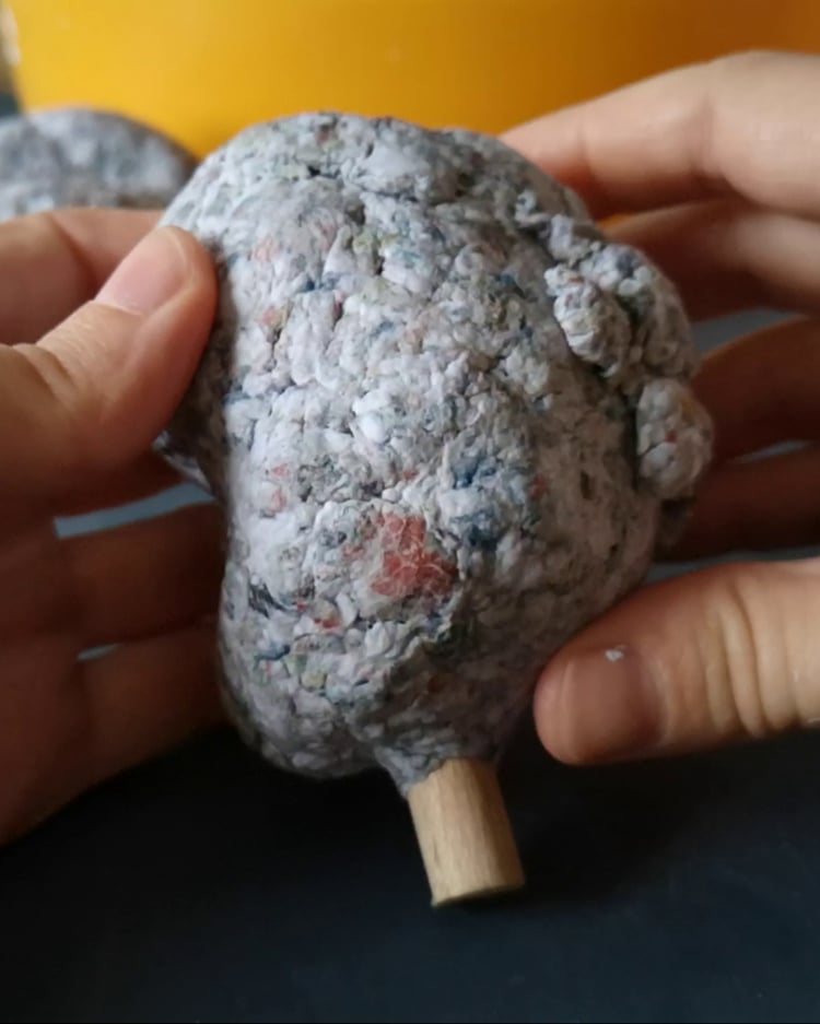 DIY puppet head in progress – papier-mâché skull shaping for marionette making.