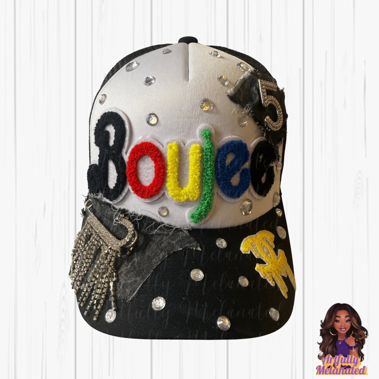 Custom Black Trucker Hat with the word "Boujee" and embellishments