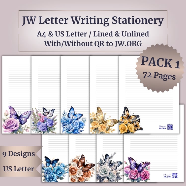 Printable JW Letter Writing Stationery – Butterfly & Floral Designs – Pack 1/ 72 pages