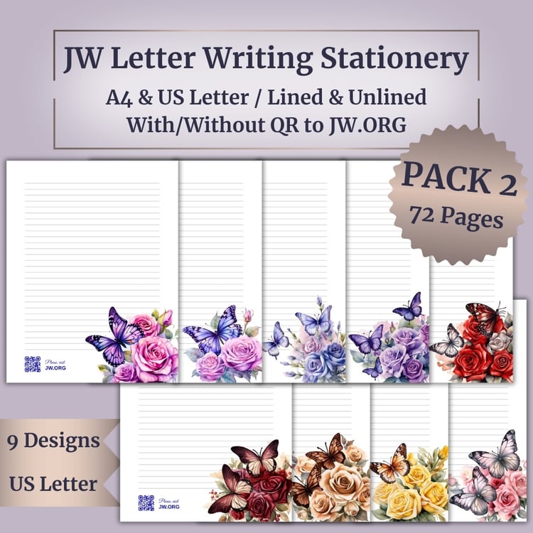 Printable JW Letter Writing Stationery – Butterfly & Floral Designs – Pack 2/ 72 pages
