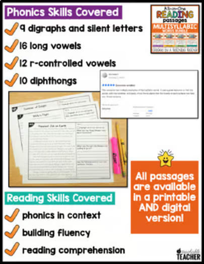Multisyllabic Words Phonics Reading Passages Worksheets with Digital Resource