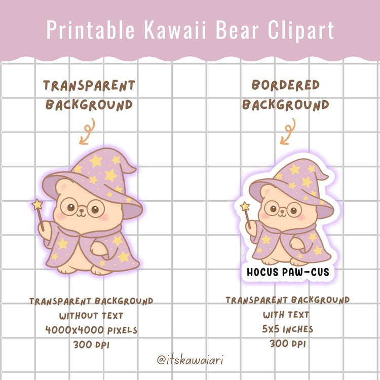 Kawaii witch bear sticker with hat and robe, hand drawn PNG