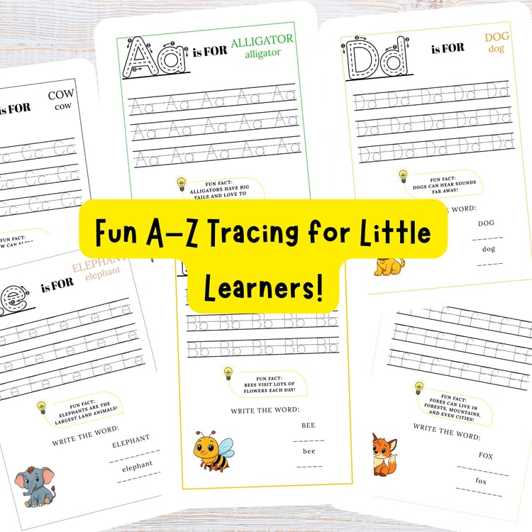 Set of A–Z ABC tracing worksheets with cute animal illustrations and simple fun facts. Designed to support early handwriting and alphabet recognition in young learners.