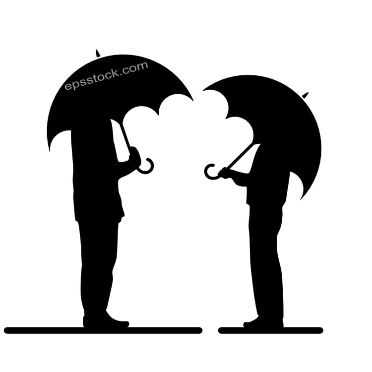 Two men talking under umbrella