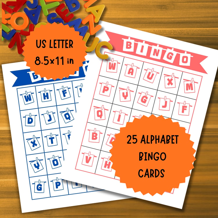 Two alphabet bingo cards in red and blue with bold uppercase letters, shown on a wooden background. Includes 25 printable alphabet bingo cards in US Letter 8.5x11 inch format.