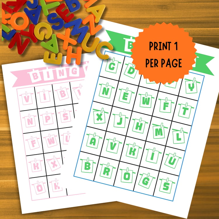 Pink and green alphabet bingo cards with uppercase letters neatly arranged in a grid. Features orange label “Print 1 Per Page,” emphasizing easy-to-use printable format.