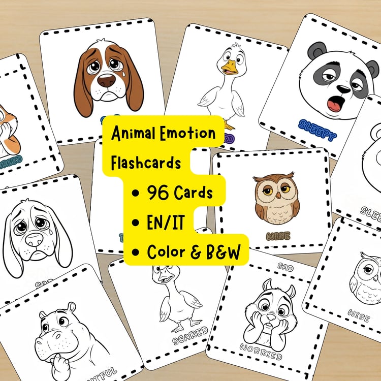 Set of 96 printable animal emotion flashcards in English and Italian, color and black-and-white versions
