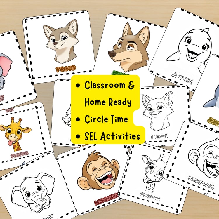 Animal emotion flashcards for classroom and home use, perfect for circle time and SEL activities