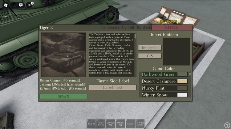 Side view of Tiger E tank with animated cannon