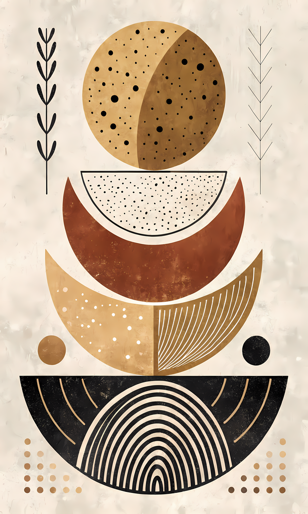 Geometric Boho Abstract Art Bundle - Warm Tones, Modern Shapes. A stunning Geometric Boho Abstract Art Bundle, featuring a harmonious blend of bold shapes, warm tones, and minimalist design. The collection showcases intricate circles, lines, and geometric