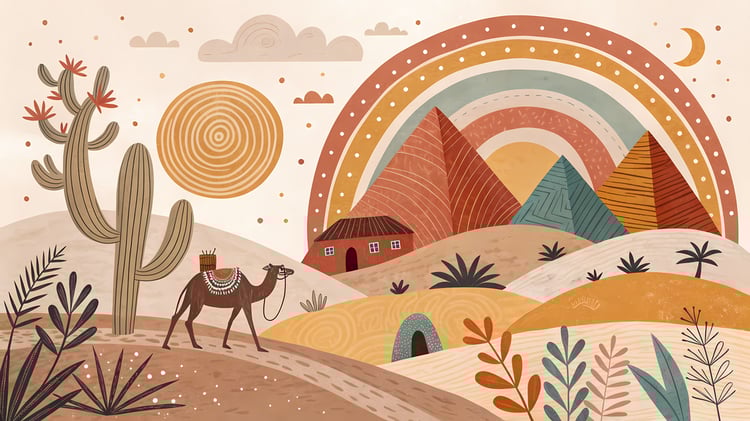 Warm Boho Desert and Sun Art Bundle - Earthy Tones and Nature-Inspired Designs. This collection of digital prints features earthy tones, soft sunsets, and playful rainbows inspired by desert landscapes and the beauty of the natural world. Each design comb