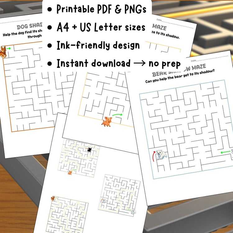 Shadow matching activity pack in PDF and PNG, A4 and US Letter sizes, ink-friendly design, instant download for preschool and kindergarten.