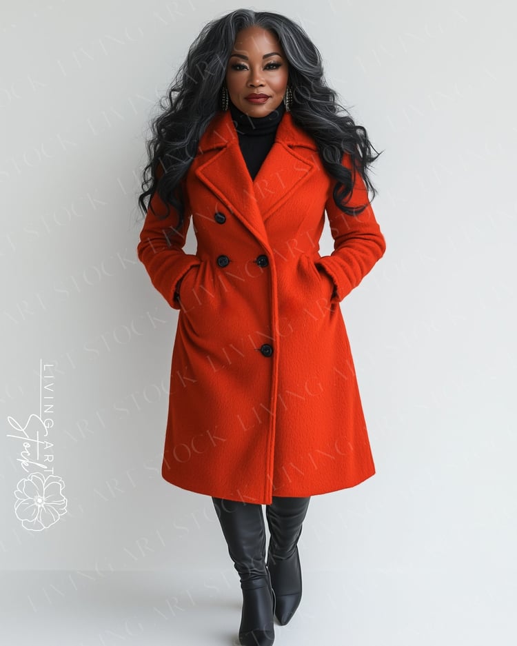 Beautiful Middle Aged Black Woman with Grey Hair in Barrel Curls Wearing Orange Wool Coat and Leather High Boots, White Background