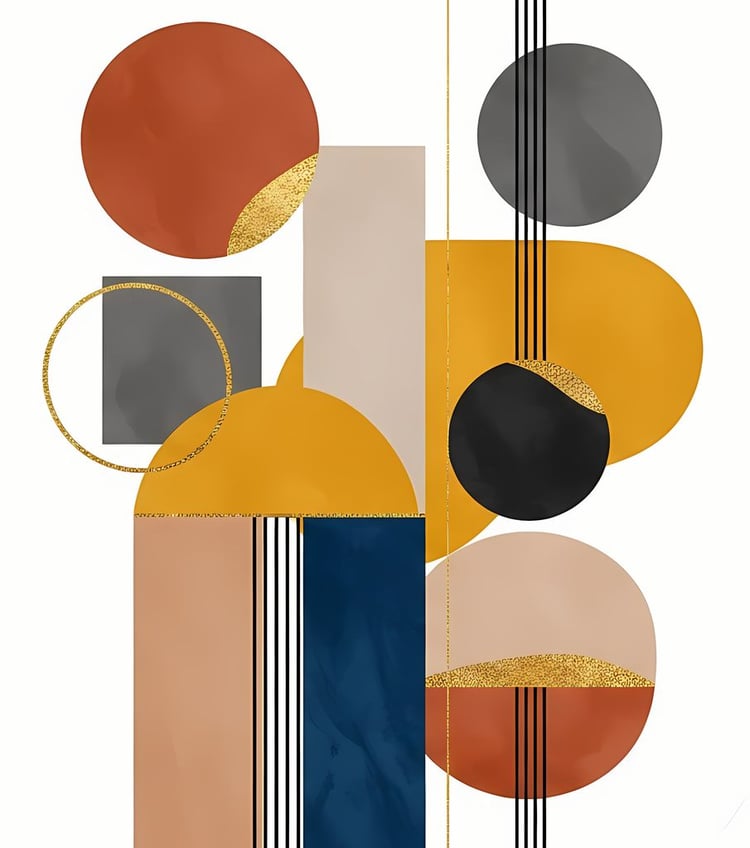 Discover a captivating mix of bold, modern geometric shapes and abstract forms with this striking digital art bundle. This collection features a vibrant combination of angular lines, circular motifs, and dynamic patterns, all rendered in rich, earthy hues