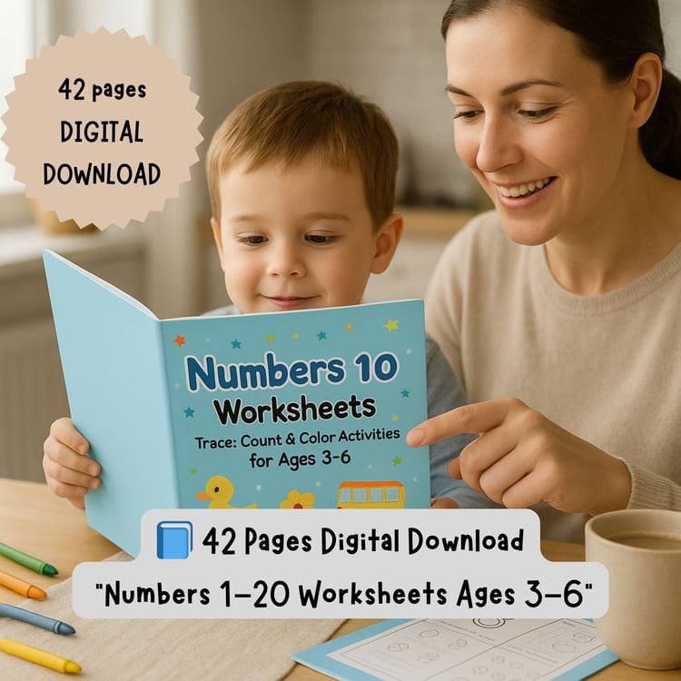 Realistic mockup showing a child and parent using the “Numbers 1–20 Worksheets” 42-page workbook.