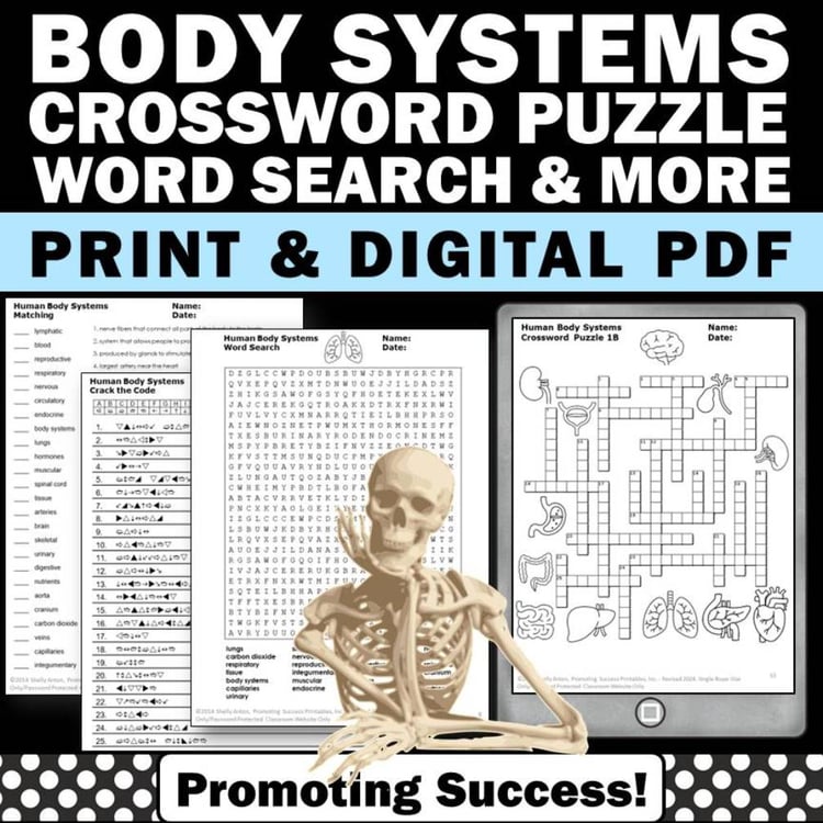 Human Body Systems Science Crossword Puzzle Skeletal Digestive Nervous 5th Grade