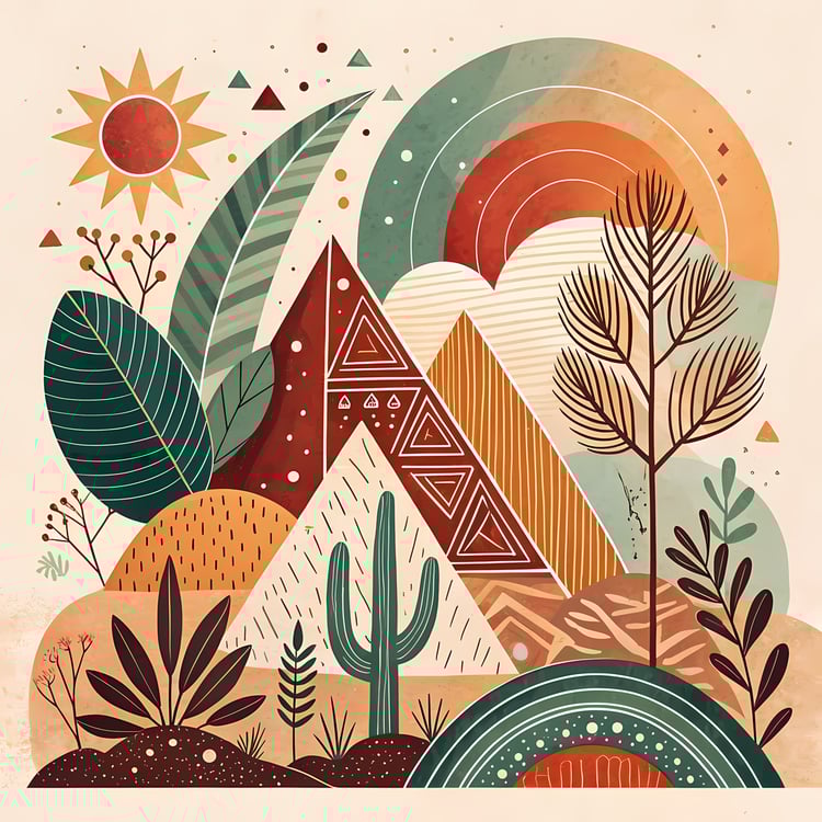 Bohemian Geometric Nature Art Pack: Mountains, Sunsets & Desert Scenes. The collection highlights bold geometric shapes, abstract mountains, and desert landscapes, blending natural motifs with boho-inspired patterns. Each design features earthy tones such