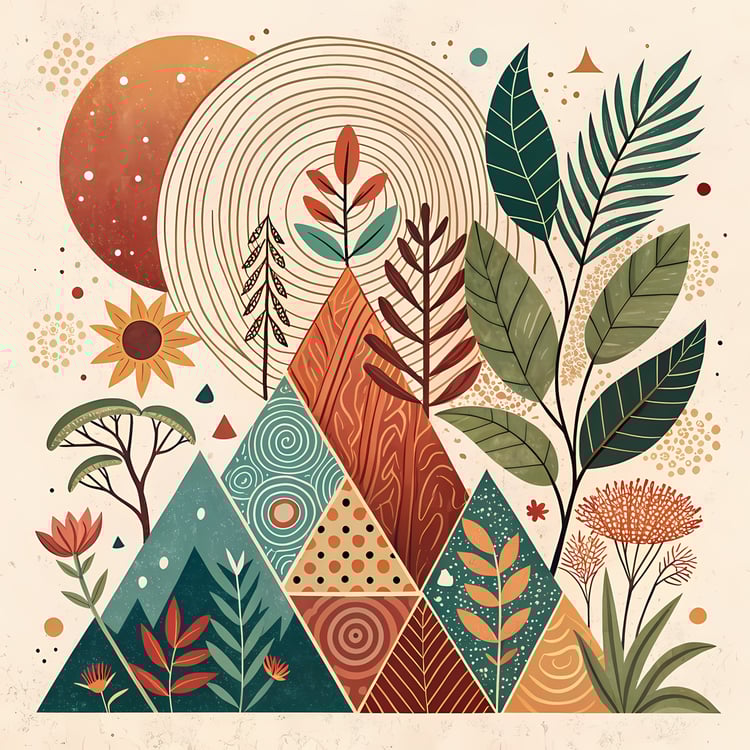 Bohemian Geometric Nature Art Pack: Mountains, Sunsets & Desert Scenes. The collection highlights bold geometric shapes, abstract mountains, and desert landscapes, blending natural motifs with boho-inspired patterns. Each design features earthy tones such