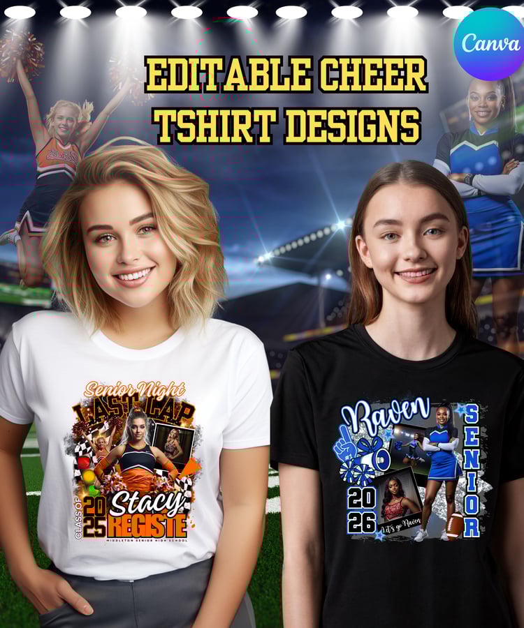 canva template  editable template  editable sports design  sports t shirt design  sports graphics  digital design bundle  custom sports merch  pop out effect cheer design  cheerleading design  cheer template  cheer shirt design  cheer senior night  senior