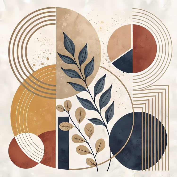 Boho Minimalist Art Bundle with Abstract Leaves in Dark Teal    The designs combine geometric shapes with organic elements, creating a modern yet earthy feel. The color palette is centered around rich, warm tones for a contemporary boho look, with hints o