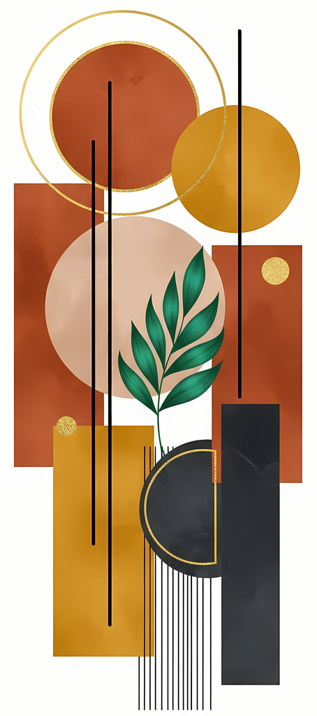 Boho Minimalist Art Bundle with Abstract Leaves in Green. The designs combine geometric shapes with organic elements, creating a modern yet earthy feel. The color palette is centered around rich, warm tones for a contemporary boho look, with hints of gree