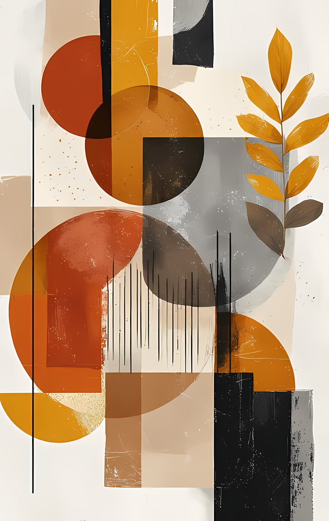 Boho Minimalist Art Bundle with Abstract Leaves in Mustard. The designs combine geometric shapes with organic elements, creating a modern yet earthy feel. The color palette is centered around rich, warm tones for a contemporary boho look, with hints of mu