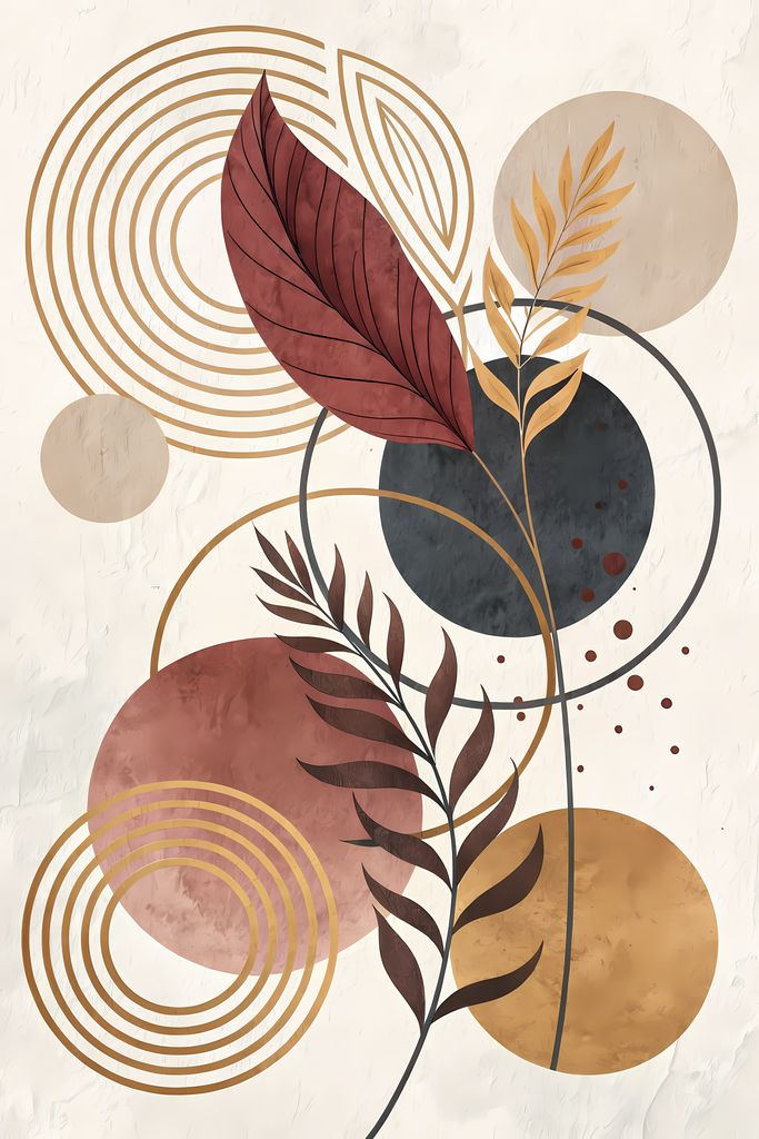 Boho Minimalist Art Bundle with Abstract Leaves in Maroon and Crimson Red. The designs combine geometric shapes with organic elements, creating a modern yet earthy feel. The color palette is centered around rich, warm tones for a contemporary boho look, w