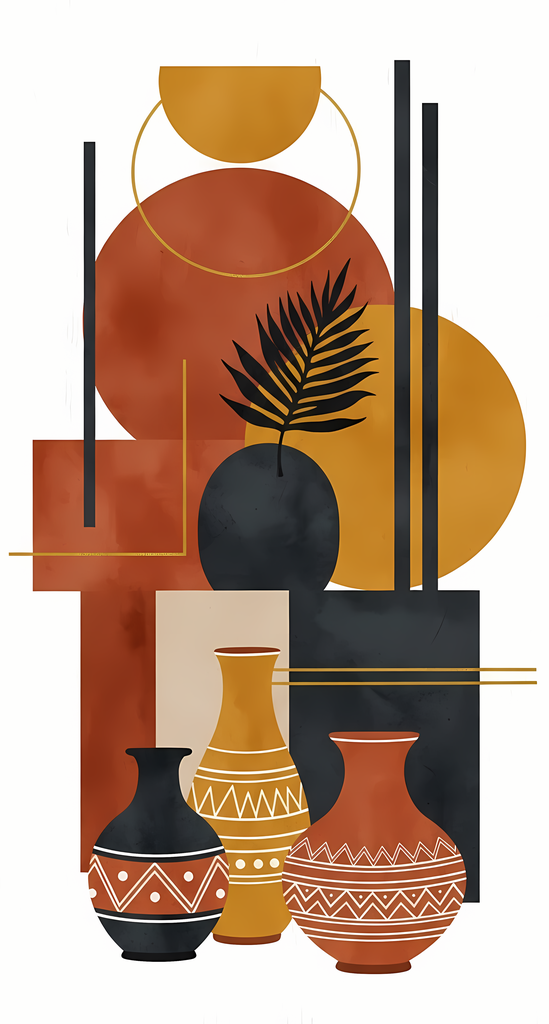 Boho Minimalist Art Bundle Abstract Leaves and Vases in Mahogany Brown, Charcoal and Black. The designs combine geometric shapes with organic elements, creating a modern yet earthy feel. The color palette is centered around rich, warm tones for a contempo