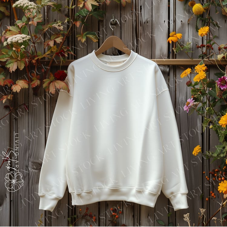 Eggshell Blank Sweatshirt Hanging from Wooden Hanger with Wood Background Surrounded by Flowers, Sweatshirt Mockups