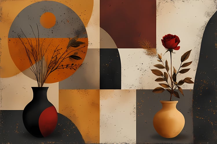Bring timeless elegance to your creative projects with this mid-century modern Boho-inspired abstract art bundle. Featuring a harmonious blend of geometric shapes, minimalist vases, and delicate florals, this collection offers a warm palette of terracotta